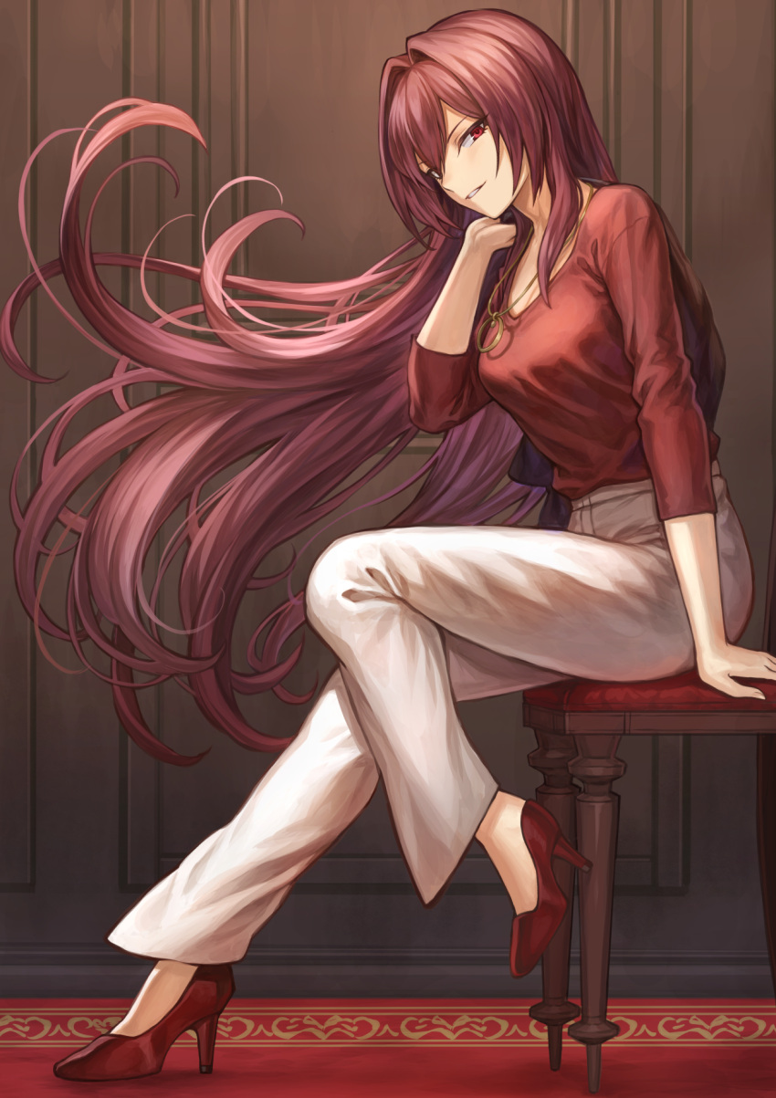 1girl arm_support bangs blouse breasts brown_jacket carpet casual chair commentary contemporary fate/grand_order fate_(series) floating_hair from_side full_body hair_between_eyes hair_over_shoulder half-closed_eyes high_heels highres holding holding_jacket indoors jacket jacket_removed jewelry large_breasts leaning_forward long_hair long_sleeves looking_at_viewer mashu_003 necklace pants parted_lips pendant pumps purple_hair red_blouse red_carpet red_eyes red_footwear scathach_(fate)_(all) scathach_(fate/grand_order) sidelocks sitting tsurime very_long_hair wall white_pants