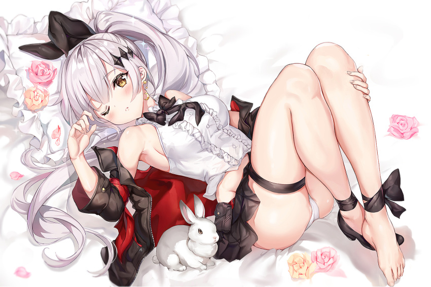 1girl ankle_ribbon armpits ass bangs black_footwear black_ribbon blouse blush bow bowtie breasts brown_eyes closed_mouth crescent crescent_earrings earrings eyebrows_visible_through_hair five-seven_(girls_frontline) girls_frontline hair_ornament hair_ribbon hand_on_own_leg hand_up jacket jewelry knees_up large_breasts long_hair looking_at_viewer lying narae neck_ribbon off_shoulder on_back one_eye_closed panties ponytail ribbon shoes sidelocks silver_hair single_shoe skindentation skirt sleeveless_blouse smile solo sparkle thigh_strap thighs underwear very_long_hair white_blouse white_panties