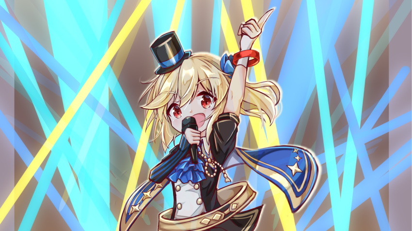 1girl :d arm_up asymmetrical_sleeves bangs black_hat black_jacket blonde_hair blue_cape blue_flower blush cape commentary_request eyebrows_visible_through_hair flower girls_frontline hair_between_eyes hair_flower hair_ornament hat head_tilt highres holding holding_microphone index_finger_raised jacket long_hair long_sleeves looking_at_viewer matsuo_(matuonoie) microphone mini_hat mini_top_hat nagant_revolver_(girls_frontline) open_mouth puffy_short_sleeves puffy_sleeves red_eyes short_sleeves sleeves_past_wrists smile solo star tilted_headwear top_hat upper_body