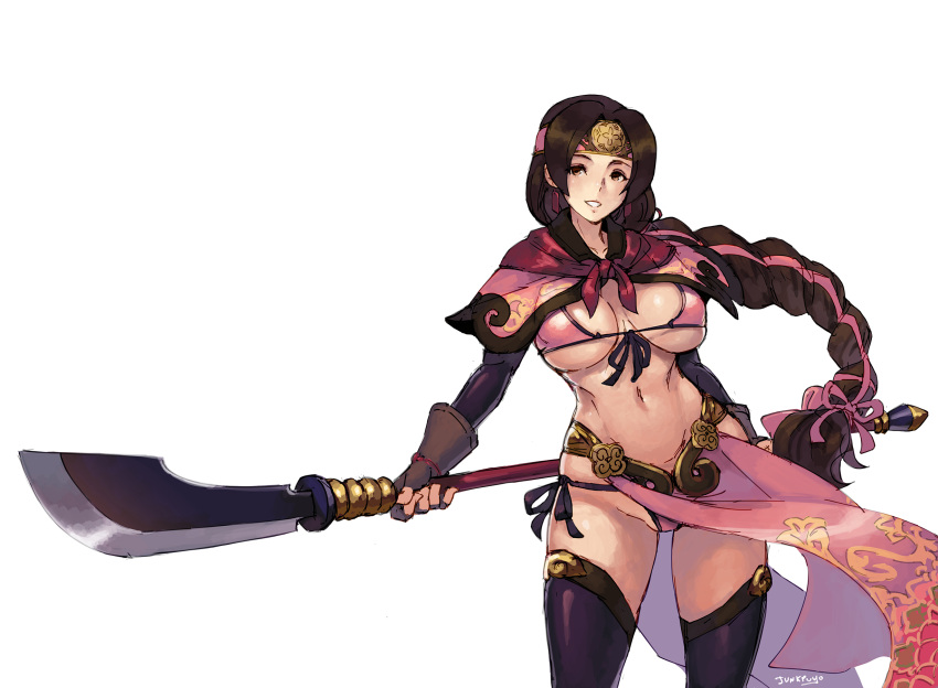 1girl bikini_top black_legwear braided_ponytail breasts brown_eyes brown_hair covered_nipples fingerless_gloves gloves hair_ribbon headband highres junkpuyo long_hair looking_at_viewer naginata navel panties pelvic_curtain pink_panties polearm ribbon seong_mi-na simple_background solo soul_calibur soulcalibur_vi stomach thigh-highs thigh_gap thong toned underwear weapon white_background