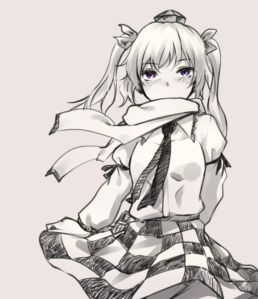 1girl arm_ribbon bangs blush breasts checkered checkered_skirt commentary_request cowboy_shot grey_background greyscale hair_ribbon hat highres himekaidou_hatate juliet_sleeves limited_palette long_hair long_sleeves looking_at_viewer miyo_(ranthath) monochrome necktie no_mouth puffy_sleeves ribbon scarf shirt simple_background skirt small_breasts solo spot_color tokin_hat touhou twintails