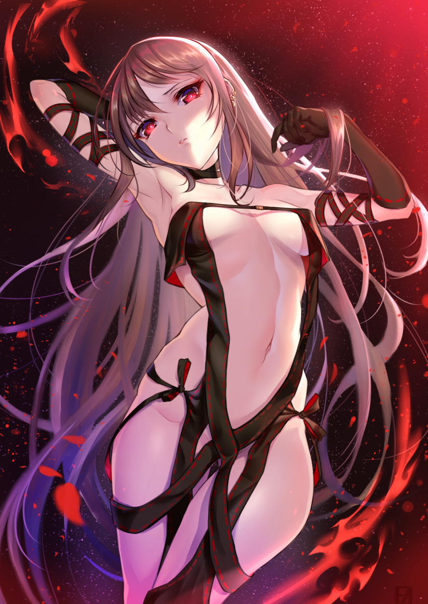 1girl arm_up bangs bare_shoulders black_dress black_gloves breasts brown_hair collarbone commentary_request consort_yu_(fate) dress elbow_gloves eyebrows_visible_through_hair fate/grand_order fate_(series) gloves gluteal_fold groin hair_between_eyes hand_up head_tilt highres long_hair medium_breasts navel parted_lips red_eyes ribbon-trimmed_dress ribbon-trimmed_gloves ribbon_trim solo strapless strapless_dress sunday_se7en very_long_hair