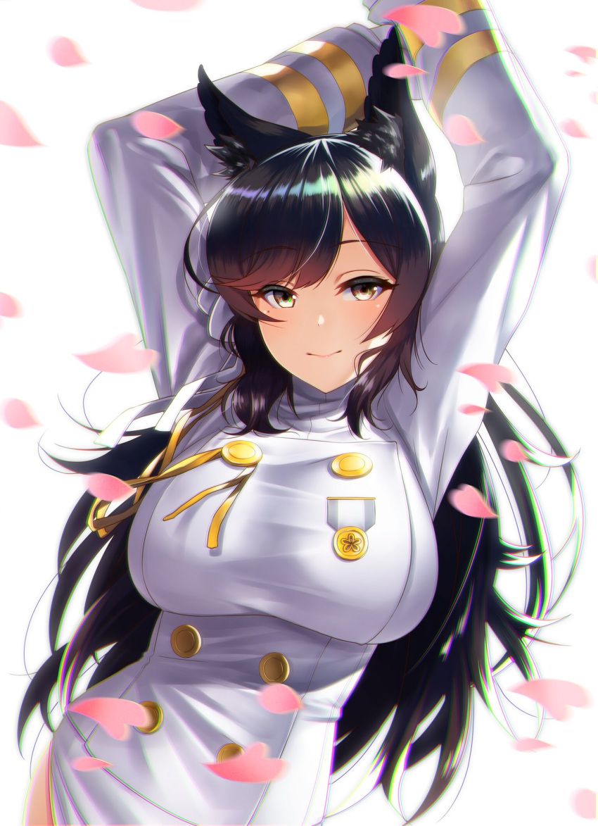 1girl animal_ears arms_up atago_(azur_lane) azur_lane black_hair breasts chromatic_aberration commentary_request dog_ears highres kagiyama_(gen'ei_no_hasha) large_breasts logo long_hair long_sleeves looking_at_viewer medal military military_uniform mole mole_under_eye petals simple_background smile solo uniform upper_body white_background yellow_eyes