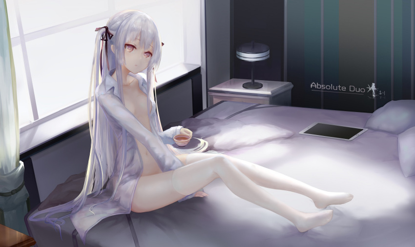 1girl absolute_duo backlighting bangs bed bedroom black_ribbon closed_mouth commentary_request copyright_name cup curtains day desk expressionless hair_ribbon head_tilt highres holding holding_cup indoors ipad knee_up lamp long_hair looking_at_viewer naked_shirt navel no_shoes on_bed open_clothes open_shirt pillow red_eyes revision ribbon shirt sidelocks silver_hair sitting solo tablet_pc tea teacup thigh-highs two_side_up wangchuan_de_quanyan white_legwear white_shirt window yurie_sigtuna