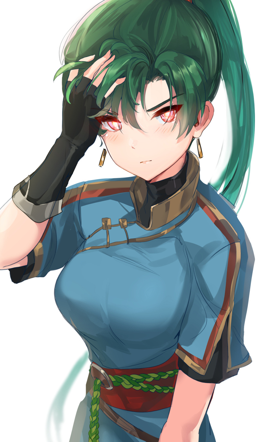 1girl arm_up blush breasts closed_mouth dress earrings eyebrows_visible_through_hair fingerless_gloves fire_emblem fire_emblem:_rekka_no_ken fire_emblem_heroes gloves glowing glowing_eyes green_hair hand_in_hair highres intelligent_systems jewelry large_breasts long_hair looking_at_viewer lyndis_(fire_emblem) nintendo ormille ponytail red_eyes rope_belt sash shirt_under_dress short_sleeves simple_background solo sora_(company) super_smash_bros. super_smash_bros._ultimate turtleneck upper_body very_long_hair white_background