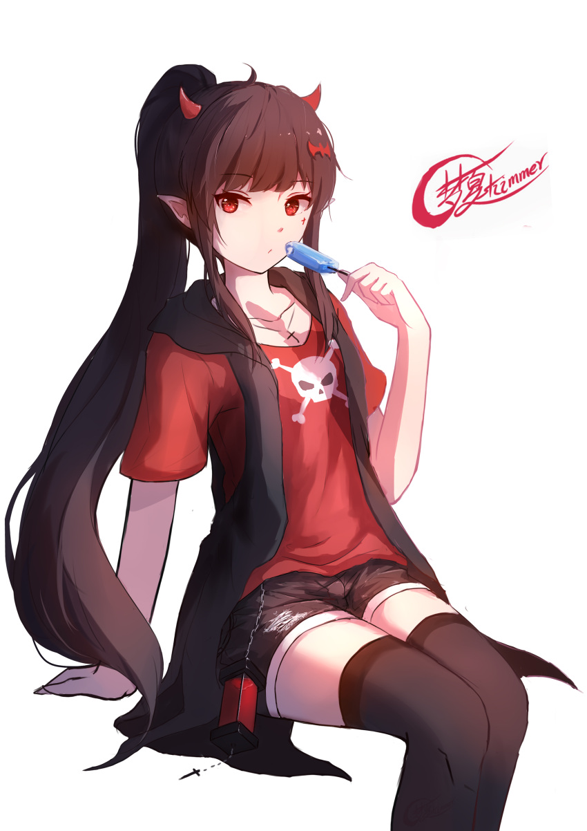 1girl absurdres artist_name bangs black_hair brown_shorts closed_mouth collarbone commentary cross eating eyebrows_visible_through_hair flat_chest hand_on_ground highres holding horns ice jacket leggings long_hair long_ponytail looking_to_the_side original pointy_ears ponytail red_eyes red_horns red_shirt shimmer shirt shorts signature simple_background sitting skull thigh-highs white_background zettai_ryouiki