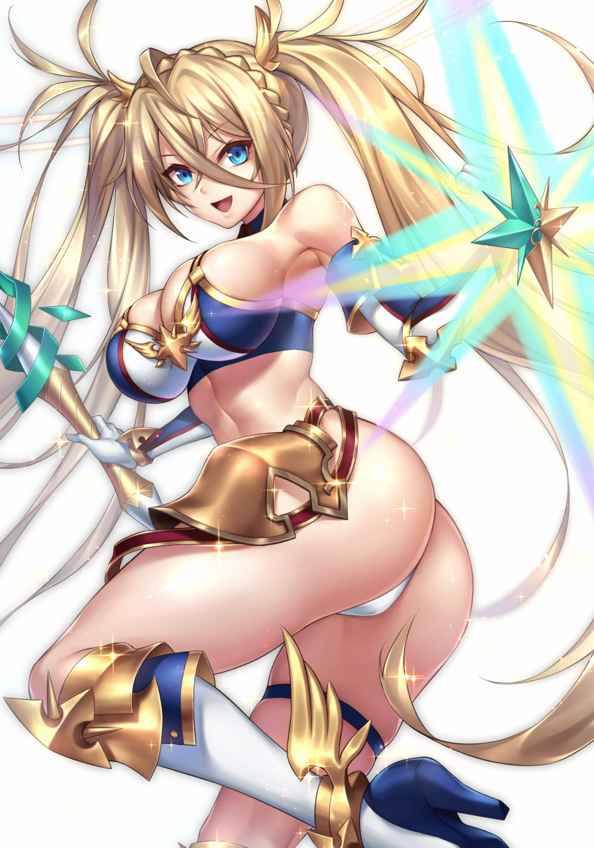 1girl armpits ass bangs bare_shoulders blonde_hair blue_eyes blush bradamante_(fate/grand_order) braid breasts cleavage elbow_gloves fate/grand_order fate_(series) french_braid glint gloves high_heels highres holding holding_spear holding_weapon leg_up leotard long_hair looking_at_viewer looking_back medium_breasts nasaniliu open_mouth polearm ribbon shield simple_background smile solo sparkle spear thigh_strap twintails twisted_torso very_long_hair weapon