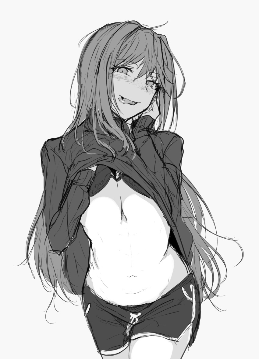 1girl :p absurdres blush boyshorts bra bra_lift breasts clothes_lift cowboy_shot eyebrows_visible_through_hair fate/grand_order fate_(series) grey_background greyscale hair_between_eyes hand_under_clothes highres hplay large_breasts long_hair long_sleeves looking_at_viewer monochrome navel scathach_(fate)_(all) scathach_(fate/grand_order) simple_background sketch smile solo standing sweater sweater_lift tongue tongue_out under_boob underwear undressing