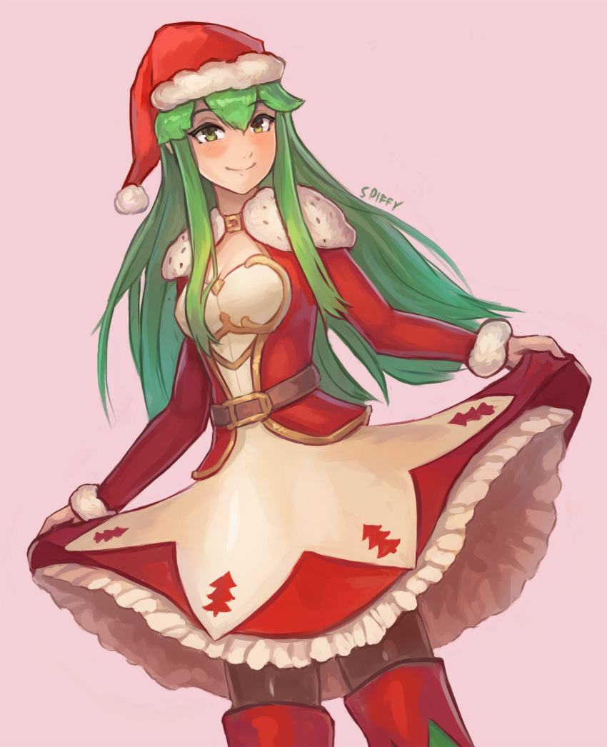 1girl artist_name belt closed_mouth dress fire_emblem fire_emblem:_mystery_of_the_emblem fur_trim green_eyes green_hair hat highres long_hair long_sleeves nintendo paola pink_background pom_pom_(clothes) red_hat santa_costume santa_hat simple_background skirt_hold smile solo spiffydc