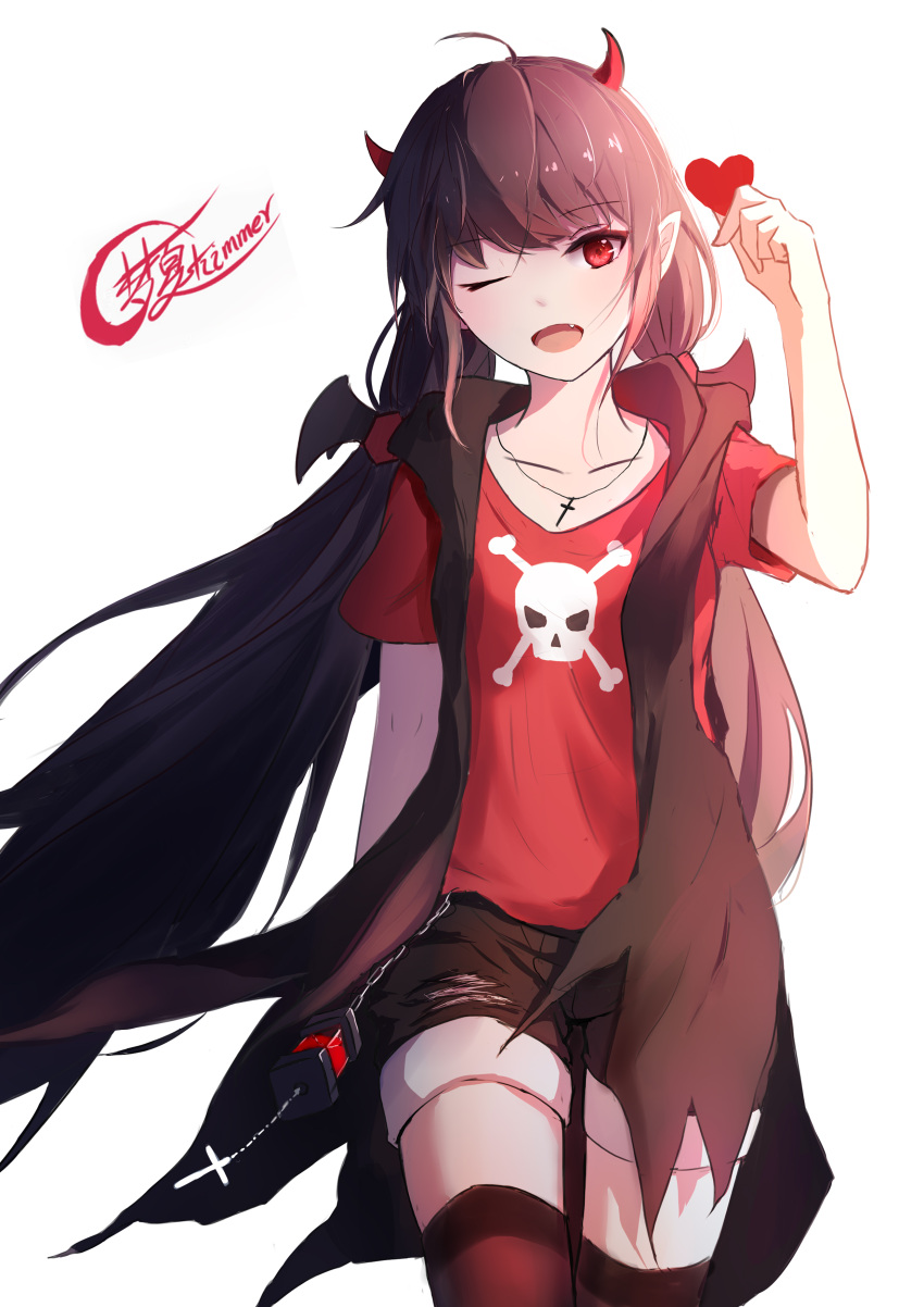 1girl absurdres ahoge arm_up artist_name bangs black_hair black_shorts breasts collarbone commentary cross eyebrows_visible_through_hair fangs happy heart highres holding horns leggings long_hair looking_at_viewer one_eye_closed open_mouth original ponytail red_eyes red_horns red_shirt shimmer shirt short_shorts short_sleeves shorts simple_background small_breasts solo thigh-highs twintails white_background zettai_ryouiki