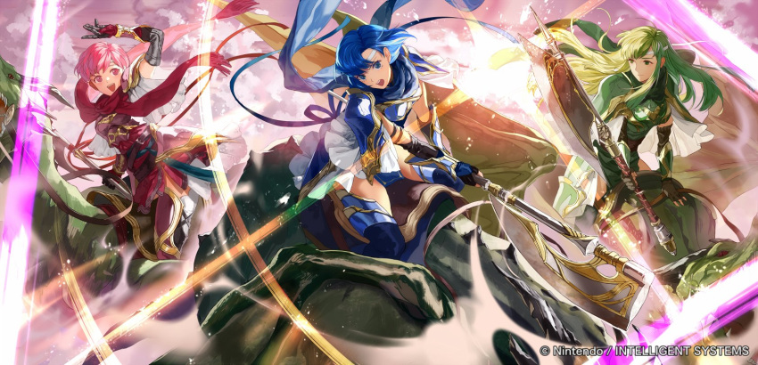 3girls arm_up axe black_gloves blue_eyes blue_hair breastplate closed_mouth company_name copyright_name dragon est fingerless_gloves fire_emblem fire_emblem:_mystery_of_the_emblem fire_emblem_cipher gloves green_eyes green_hair headband highres holding holding_axe katua long_hair mayo_(becky2006) multiple_girls nintendo official_art open_mouth paola pink_eyes pink_hair riding scarf short_hair siblings sisters white_headband wyvern
