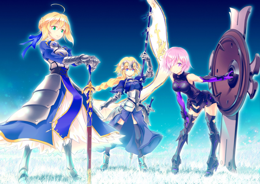 3girls ahoge armor armored_boots armored_dress armored_leotard artoria_pendragon_(all) banner bent_over black_legwear black_leotard blonde_hair blue_dress blue_eyes blue_ribbon blue_sky boots braid braided_ponytail breasts breasts_apart dress elbow_gloves eyebrows_visible_through_hair fate_(series) faulds full_body gauntlets gloves hair_over_one_eye hair_ribbon hand_on_own_knee hands_on_hilt headpiece holding holding_shield jeanne_d'arc_(fate) jeanne_d'arc_(fate)_(all) leotard long_hair looking_at_viewer mash_kyrielight medium_breasts multiple_girls noriccho! outdoors pink_eyes pink_hair pixiv_fate/grand_order_contest_2 purple_gloves ribbon saber sheath sheathed shield shiny shiny_hair short_hair single_braid sky standing sword thigh-highs thigh_boots very_long_hair weapon