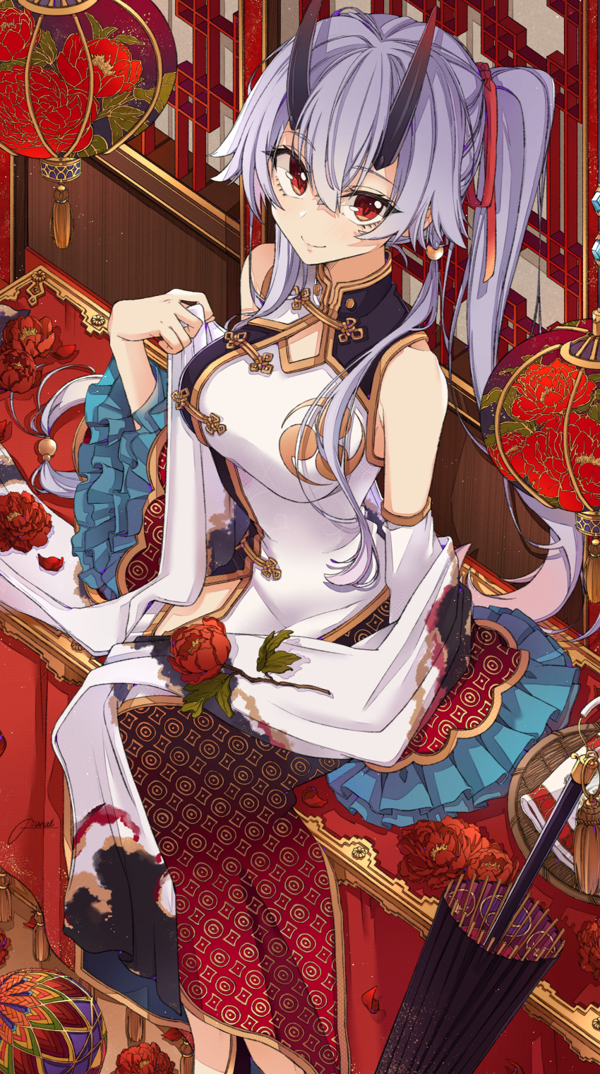 1girl absurdres alternate_costume china_dress chinese_clothes dress fate/grand_order fate_(series) hair_between_eyes heroic_spirit_traveling_outfit highres horns huge_filesize lamp long_hair looking_up oni_horns oriental_umbrella osanai red_eyes silver_hair sitting sleeveless sleeveless_dress solo tomoe_gozen_(fate/grand_order) umbrella very_long_hair