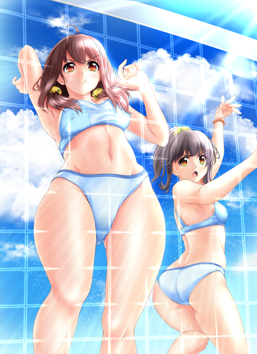 2girls arm_behind_head arms_up ass bikini blue_bikini blue_sky breasts brown_eyes brown_hair clothes_around_waist clouds from_below gluteal_fold groin harukana_receive higa_kanata high_ponytail highres medium_breasts multiple_girls navel oozora_haruka_(harukana_receive) short_hair short_ponytail sideboob sidelocks skindentation sky small_breasts sweater_around_waist swimsuit tomoya_kankurou volleyball_net