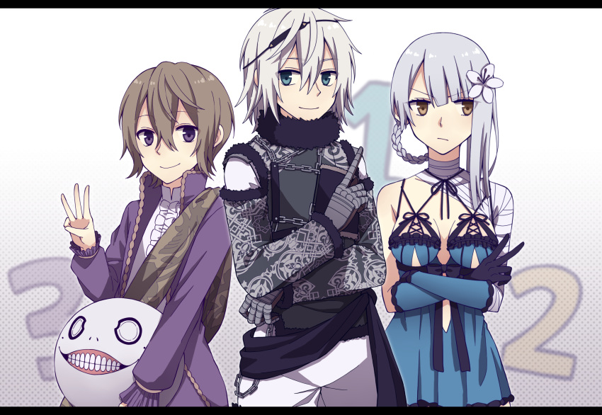 1girl 2boys bandage bandaged_arm bandages blue_eyes brown_eyes brown_hair chains emil_(nier) flower hair_flower hair_ornament highres kaine_(nier) lingerie lunar_tear multiple_boys negligee nier nier_(series) nier_(young) silver_hair tamakingx422x underwear upper_body violet_eyes