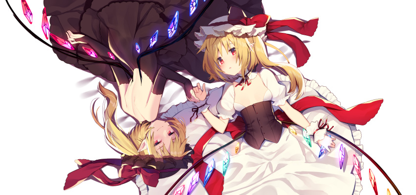 2girls absurdres back backless_dress backless_outfit bare_shoulders black_dress black_gloves black_hat blonde_hair bow breasts bridal_gauntlets choker closed_mouth corset crystal detached_collar dress dual_persona elbow_gloves flandre_scarlet gloves hand_holding hat hat_bow highres long_hair looking_at_viewer lying mob_cap multiple_girls on_back on_side pointy_ears puffy_short_sleeves puffy_sleeves red_bow red_eyes ribbon_choker short_sleeves small_breasts smile touhou transparent_background upside-down usamata white_dress white_hat wings wrist_cuffs