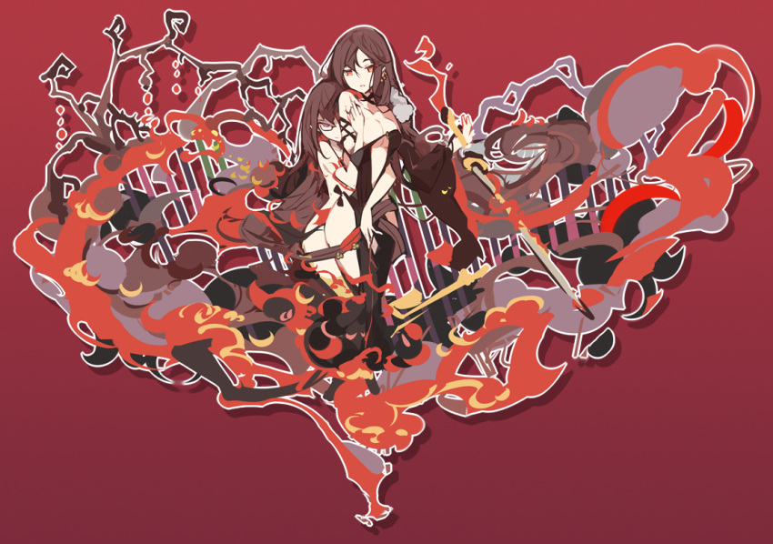 2girls bare_shoulders breasts brown_hair cleavage consort_yu_(fate) dual_persona earrings fate/grand_order fate_(series) glasses ideolo jewelry long_hair looking_at_viewer multiple_girls red_background red_eyes revealing_clothes simple_background smile sword weapon