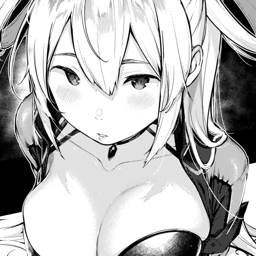 1girl bad_id bad_twitter_id bangs blush bra breasts choker copyright_request greyscale hair_between_eyes highres jewelry large_breasts looking_at_viewer monochrome necklace ouchi_kaeru parted_lips short_sleeves solo twintails underwear upper_body