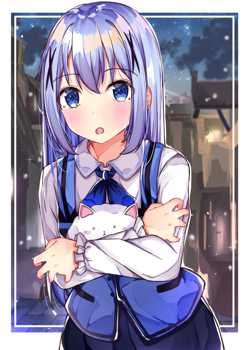 1girl absurdres angora_rabbit animal animal_hug bangs blue_bow blue_eyes blue_skirt blue_vest blush bow clouds cloudy_sky collared_shirt commentary_request eyebrows_visible_through_hair gochuumon_wa_usagi_desu_ka? hair_between_eyes hair_ornament highres kafuu_chino long_hair long_sleeves looking_at_viewer norazura parted_lips purple_hair rabbit rabbit_house_uniform shirt skirt sky star_(sky) starry_sky tippy_(gochiusa) uniform very_long_hair vest waitress white_shirt x_hair_ornament