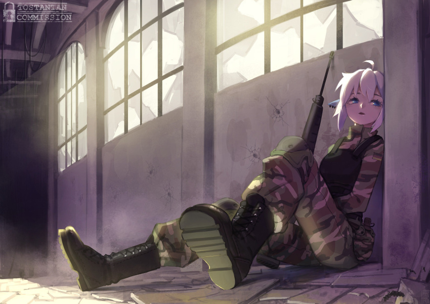 1girl absurdres against_wall ahoge artist_name assault_rifle black_footwear black_vest blue_eyes boots bulletproof_vest camouflage camouflage_pants canteen commentary_request commission copyright_request earrings foreshortening from_side gun highres holding holding_gun holding_weapon indoors jewelry light_rays pants parted_lips pointy_ears rifle short_hair signature sitting solo tostantan vest weapon white_hair