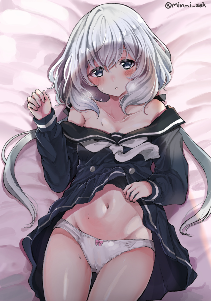 1girl absurdres bare_shoulders bed_sheet black_serafuku black_skirt breasts cleavage collarbone grey_eyes heavy_breathing highres konno_junko long_hair long_sleeves looking_at_viewer low_twintails lying navel on_back panties sak_(lemondisk) school_uniform serafuku silver_hair skirt solo sweat twintails twitter_username underwear white_panties zombie_land_saga