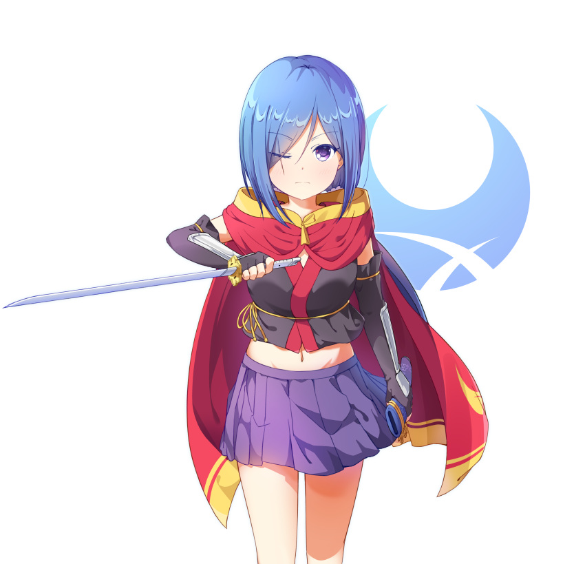 1girl absurdres bangs blue_hair commentary_request elbow_gloves emblem eyebrows_visible_through_hair fingerless_gloves gloves hanzoumon_yuki highres insignia japanese_clothes katana kimono logo long_hair looking_at_viewer low_twintails midriff miniskirt navel ninja noven one_eye_closed red_scarf release_the_spyce reverse_grip scabbard scar scar_across_eye scarf sheath short_kimono skirt solo sword twintails violet_eyes weapon