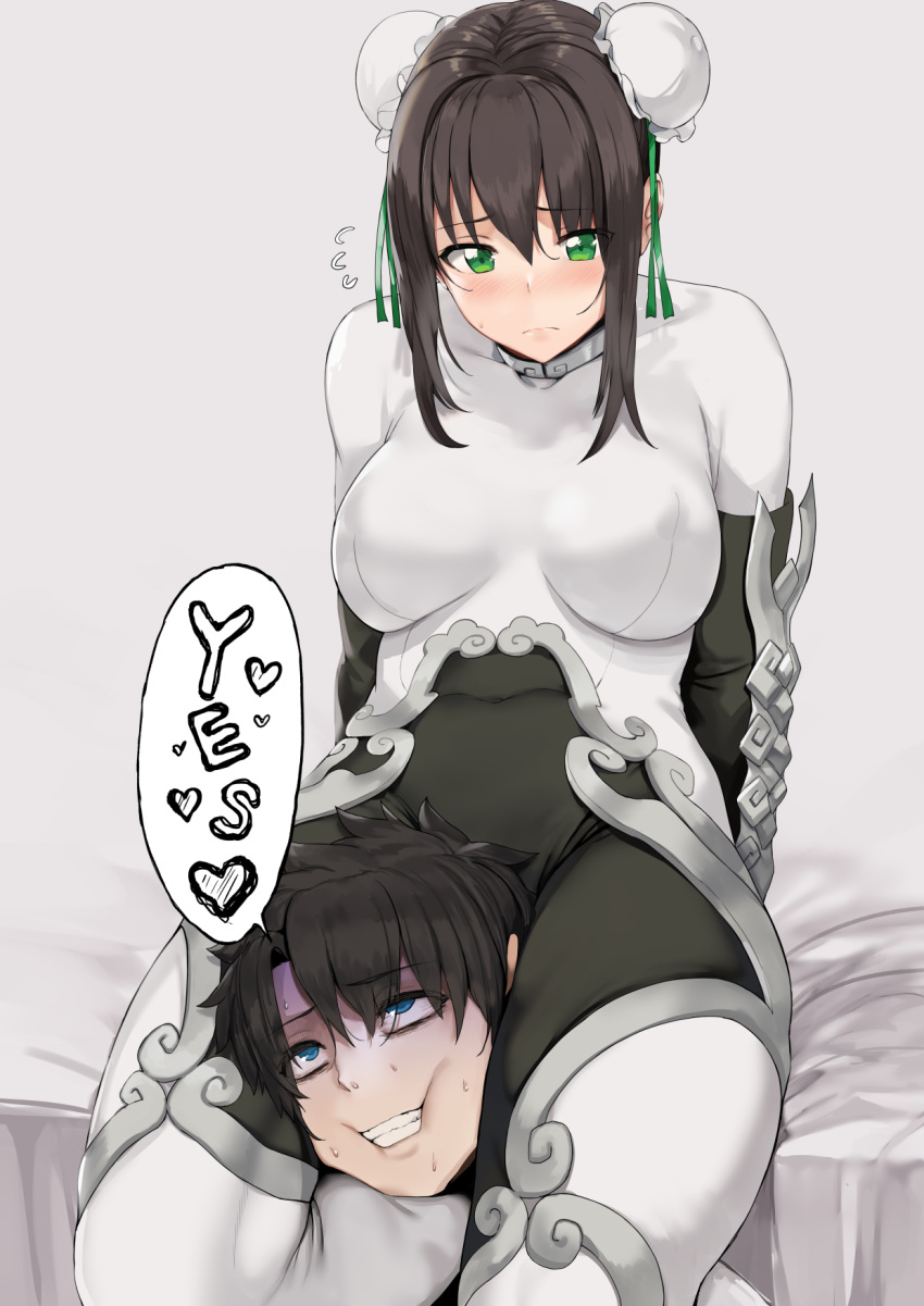1boy 1girl arm_support asphyxiation bangs black_hair blue_eyes blush bodysuit brown_hair bun_cover chinese_clothes choke_hold closed_mouth commentary_request covered_navel double_bun english erect_nipples eyebrows_visible_through_hair fate/grand_order fate_(series) femdom flying_sweatdrops fujimaru_ritsuka_(male) gloves green_eyes hair_between_eyes hair_ornament heart hews_hack highres pale_face qin_liangyu_(fate) rolling_eyes sidelocks sitting strangling sweat sweatdrop