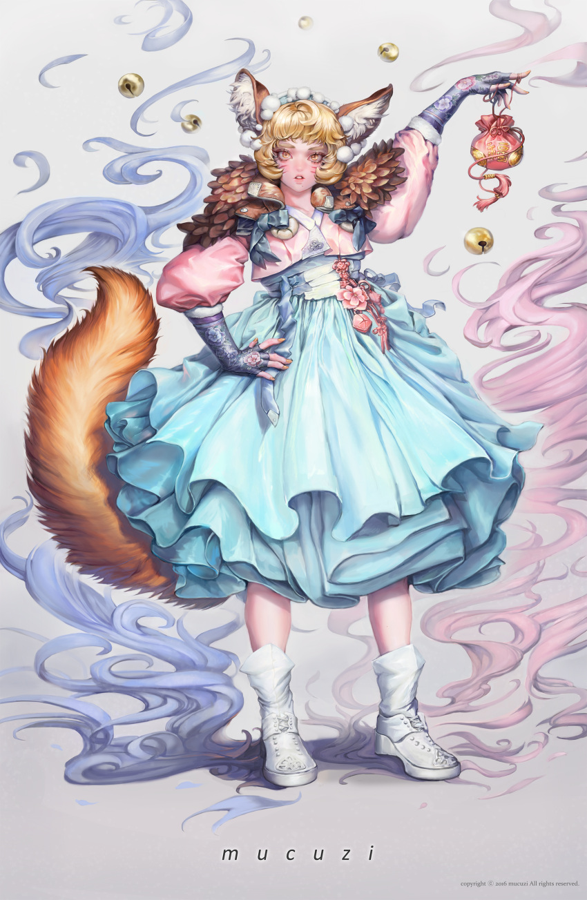 1girl absurdres animal_ear_fluff animal_ears bag bell black_gloves blonde_hair blue_dress brown_eyes dress feather_trim fingerless_gloves floral_print flower fox_ears fox_tail full_body gloves hair_ornament hand_on_hip highres jingle_bell long_sleeves looking_at_viewer mucuzi nail_polish parted_lips pink_flower pouch simple_background solo standing tail tassel whisker_markings white_background yellow_nails