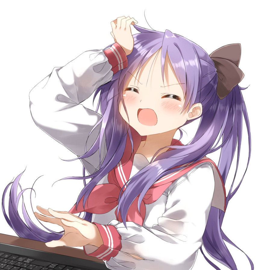 1girl :o annoyed arm_up black_ribbon closed_eyes commentary_request eyebrows_visible_through_hair hair_ribbon highres hiiragi_kagami keyboard_(computer) long_hair long_sleeves lucky_star pentagon_(railgun_ky1206) purple_hair ribbon school_uniform serafuku simple_background solo twintails v-shaped_eyebrows white_background