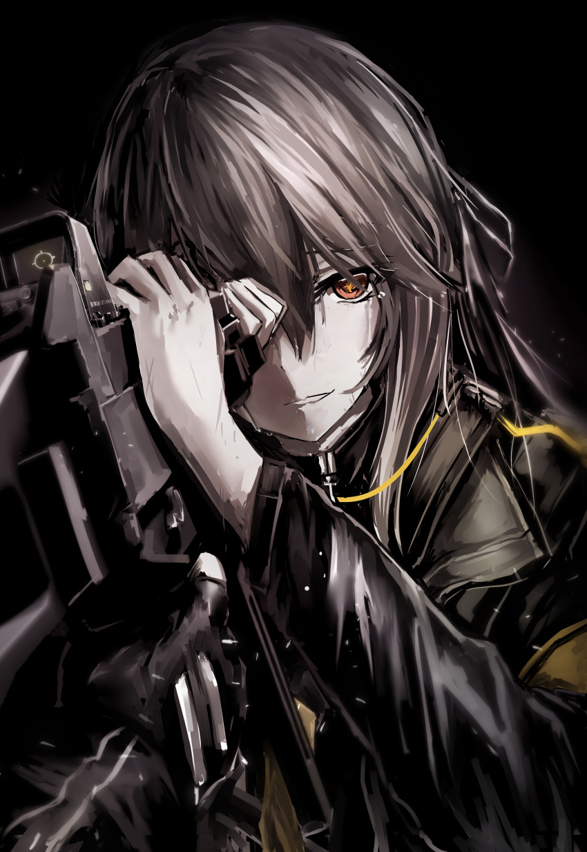 2girls absurdres bangs black_background commentary crying crying_with_eyes_open eyebrows_visible_through_hair fingerless_gloves girls_frontline gloves graphite_(medium) grey_hair gun h&amp;k_ump h&amp;k_ump45 haguruma_(hagurumali) hair_between_eyes heckler_&amp;_koch highres holding holding_gun holding_weapon injury jacket long_hair looking_at_viewer monochrome multiple_girls parted_lips pov sidelocks smile spoilers spot_color star star-shaped_pupils submachine_gun symbol-shaped_pupils tears traditional_media ump40_(girls_frontline) ump45_(girls_frontline) weapon yellow_eyes