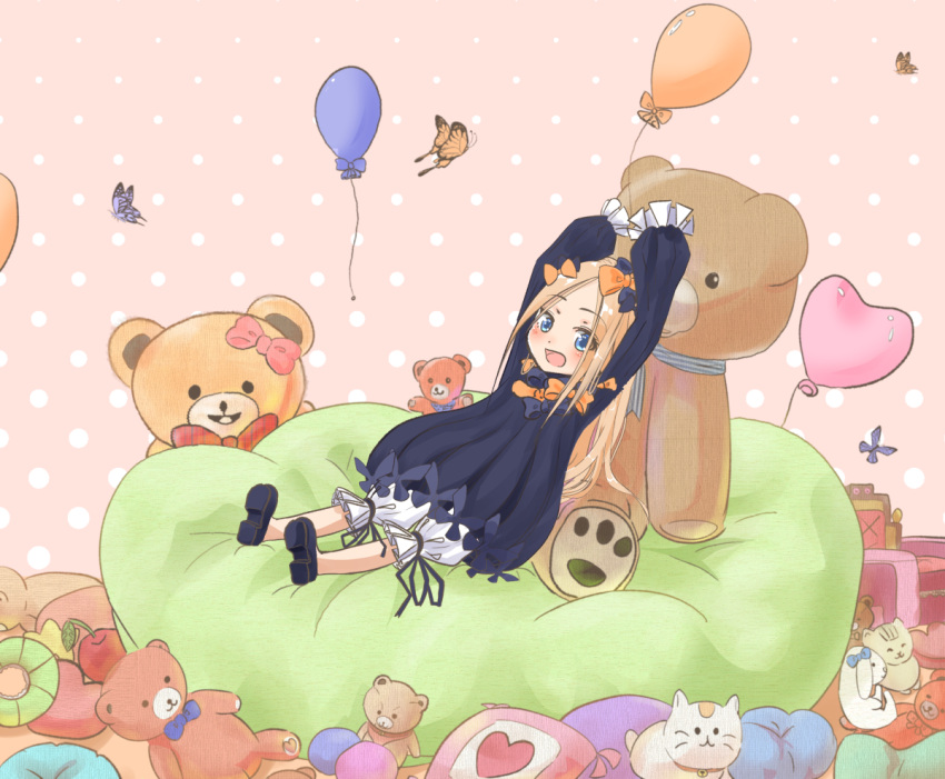1girl abigail_williams_(fate/grand_order) arms_up balloon bangs black_bow black_dress black_footwear blonde_hair bloomers blue_eyes bow bug butterfly commentary_request dress fate/grand_order fate_(series) hair_bow heart insect long_hair long_sleeves no_hat no_headwear orange_bow parted_bangs pillow polka_dot polka_dot_background polka_dot_bow sakazakinchan shoe_soles shoes sitting sleeves_past_fingers sleeves_past_wrists solo stuffed_animal stuffed_toy teddy_bear underwear very_long_hair white_bloomers