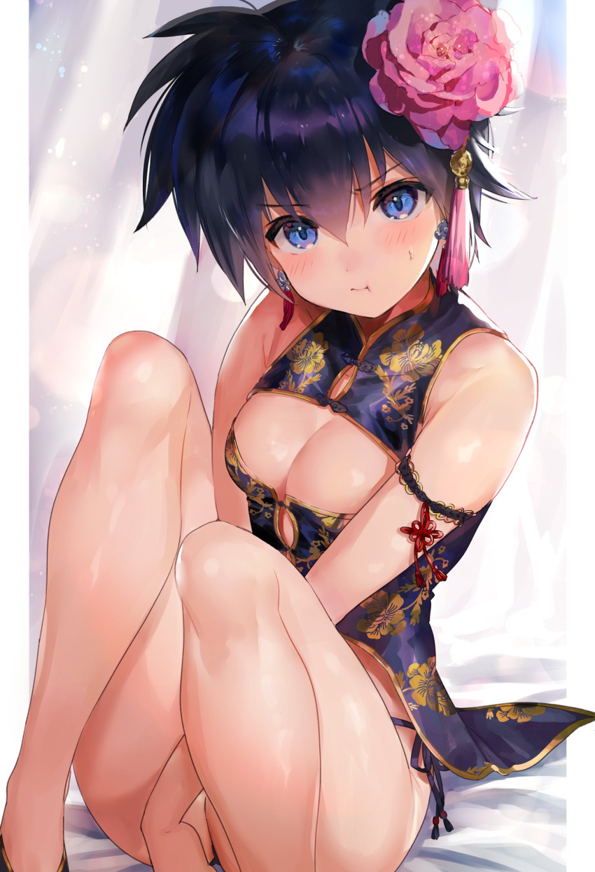 1girl :t bare_arms bare_legs bare_shoulders between_legs blue_eyes blush breasts china_dress chinese_clothes cleavage closed_mouth commentary_request dress earrings floral_print flower genderswap genderswap_(mtf) hair_flower hair_ornament hand_between_legs head_tilt highres houshin_engi jewelry knees_up medium_breasts mimoza_(96mimo414) panties pink_flower pout purple_dress purple_hair shoes short_hair side-tie_panties sitting solo sweatdrop taikoubou tassel underwear white_background