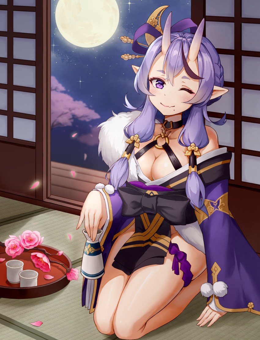 1girl ;) absurdres bare_shoulders blue_hair blush breasts cherry_blossoms cleavage closed_mouth crescent crescent_hair_ornament cup fang_out full_body full_moon fur hair_between_eyes hair_ornament hair_stick hair_tubes highres hongye_feixue horns indoors japanese_clothes kimono long_hair long_sleeves looking_at_viewer medium_breasts mole mole_under_mouth moon night nijisanji no_panties o-ring o-ring_top obi off_shoulder one_eye_closed oni oni_horns pointy_ears pom_pom_(clothes) purple_kimono rindou_mikoto sash seiza short_eyebrows sitting sleeves_past_wrists sliding_doors smile solo tokkuri tray violet_eyes virtual_youtuber wide_sleeves
