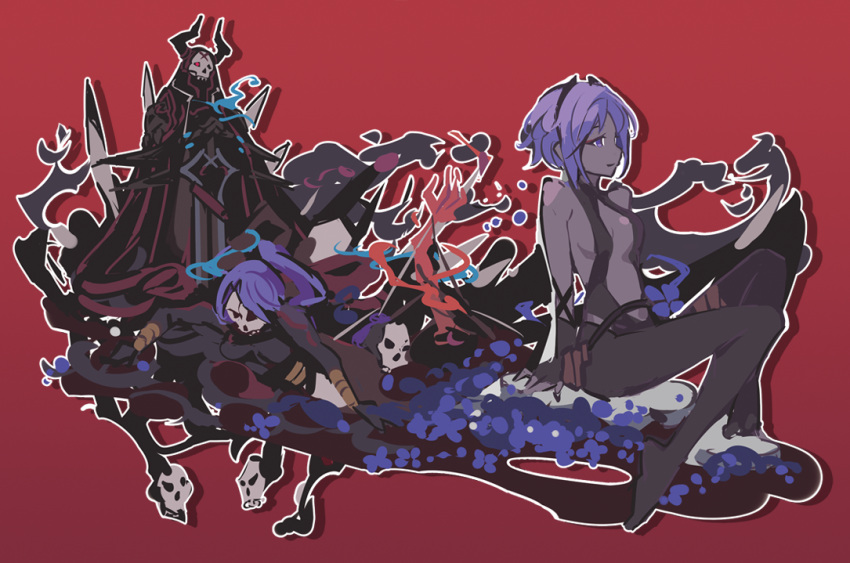 2boys 2girls armor assassin_(fate/zero) bare_shoulders black_gloves breasts dark_skin fate/grand_order fate/prototype fate/prototype:_fragments_of_blue_and_silver fate/zero fate_(series) fingerless_gloves gloves hairband hassan_of_serenity_(fate) horns ideolo king_hassan_(fate/grand_order) long_hair mask multiple_boys multiple_girls ponytail red_background revealing_clothes short_hair simple_background sitting smile true_assassin