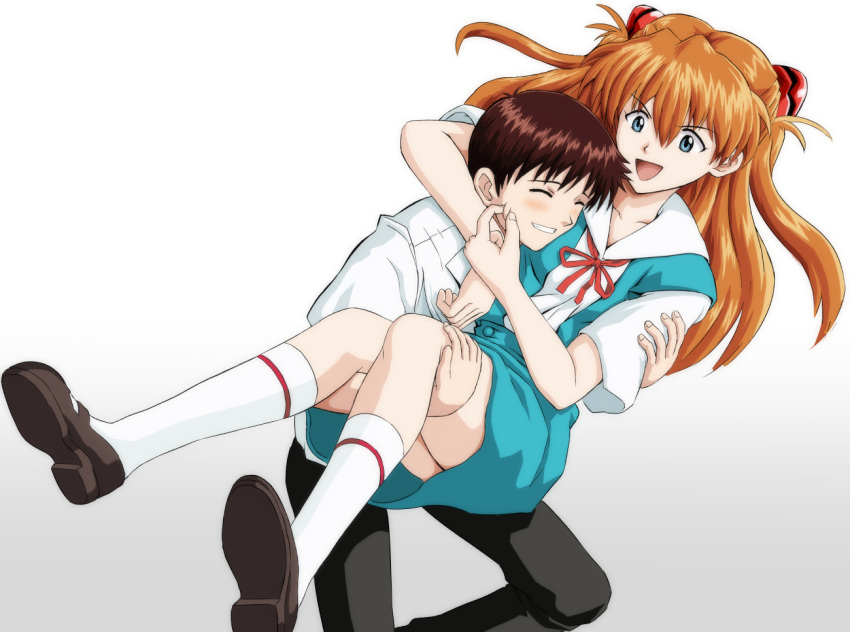 1boy 1girl amai_yadoraki black_pants blue_eyes blue_skirt blush brown_hair carrying closed_eyes couple eyebrows_visible_through_hair floating_hair gradient gradient_background grin hair_between_eyes headgear ikari_shinji long_hair neck_ribbon neon_genesis_evangelion pants princess_carry red_ribbon ribbon school_uniform shiny shiny_hair shirt short_sleeves skirt smile souryuu_asuka_langley white_background white_legwear white_shirt