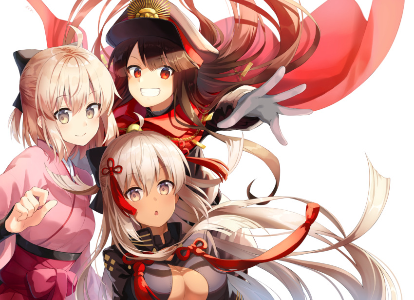 3girls :d ahoge bangs black_bow black_hair blonde_hair blush bow breasts brown_eyes cape cleavage closed_mouth commentary_request dark_skin dual_persona eyebrows_visible_through_hair fate/grand_order fate_(series) floating_hair gloves grin hair_bow hat japanese_clothes kimono long_hair long_sleeves looking_at_viewer military_hat multiple_girls negative_space nonono obi oda_nobunaga_(fate) okita_souji_(alter)_(fate) okita_souji_(fate) okita_souji_(fate)_(all) open_mouth outstretched_hand parted_lips peaked_cap pink_kimono red_eyes sash short_hair sidelocks smile tassel teeth white_background white_gloves white_hair