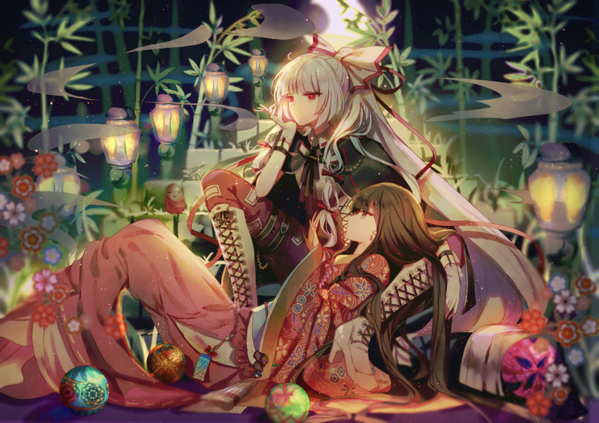2girls ball bamboo bamboo_forest bangs between_fingers black_cape black_eyes black_hair blunt_bangs boots bow cape chin_rest chinese_commentary cigarette commentary_request crescent_moon cross-laced_footwear embellished_costume forest from_side fujiwara_no_mokou hair_bow hair_ornament hair_ribbon half-closed_eyes hand_on_own_chin hand_up high_heel_boots high_heels hime_cut houraisan_kaguya japanese_clothes kimono lace-up_boots lantern legs_apart long_hair long_sleeves lying mixed-language_commentary moon multiple_girls nature night obi ofuda on_back outdoors pants red_bow red_eyes red_pants red_ribbon ribbon sash shirt sidelocks sitting sleeves_past_wrists smoke talisman temari_ball thigh-highs thigh_boots touhou very_long_hair white_hair white_shirt wide_sleeves yasato