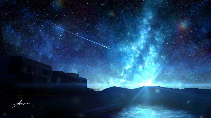 alu.m_(alpcmas) building commentary_request diffraction_spikes lens_flare milky_way night night_sky no_humans original outdoors river scenery shooting_star signature sky star_(sky) starry_sky water
