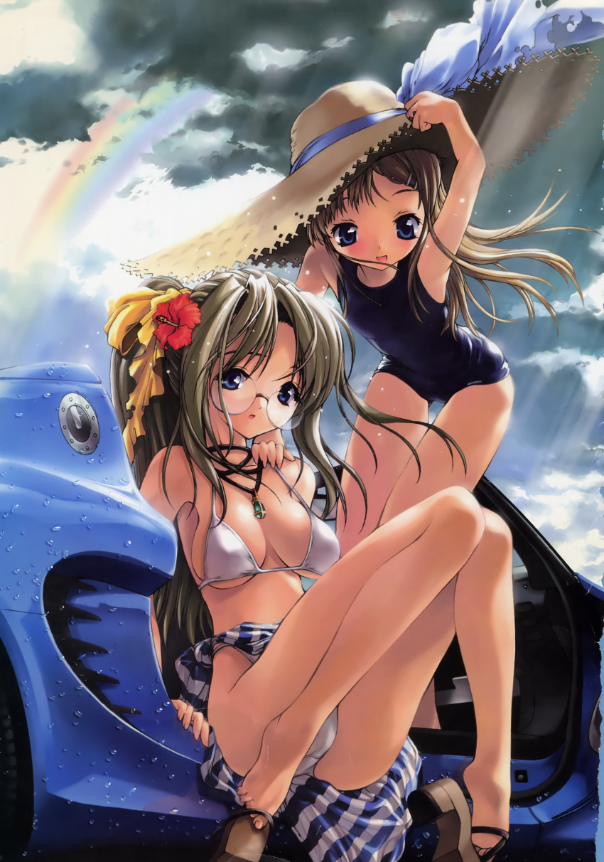 :d absurdres arm_up armpits bangs barefoot bent_over bikini blonde_hair blue_eyes breasts brown_hair car cleavage cloud feet flat_chest flower glasses grey_hair hair_flower hair_ornament hairclip hat hibiscus high_heels highres jewelry large_breasts legs long_hair long_legs lotus miwa_yoshikazu motor_vehicle multiple_girls necklace one-piece_swimsuit open_mouth original outdoors panchira_sit panties pantyshot parted_bangs pendant ponytail rainbow sandals sarong school_swimsuit shoe_dangle shoes sideboob sitting sky smile standing straw_hat striped sunbeam sunlight swimsuit synthetic_garden underboob vehicle wet white_bikini