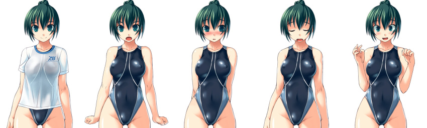 bosshi competition_swimsuit erect_nipples green_eyes green_hair highres long_image one-piece_swimsuit ponytail see-through short_hair swimsuit t-shirt wide_image yarisugi_itazura