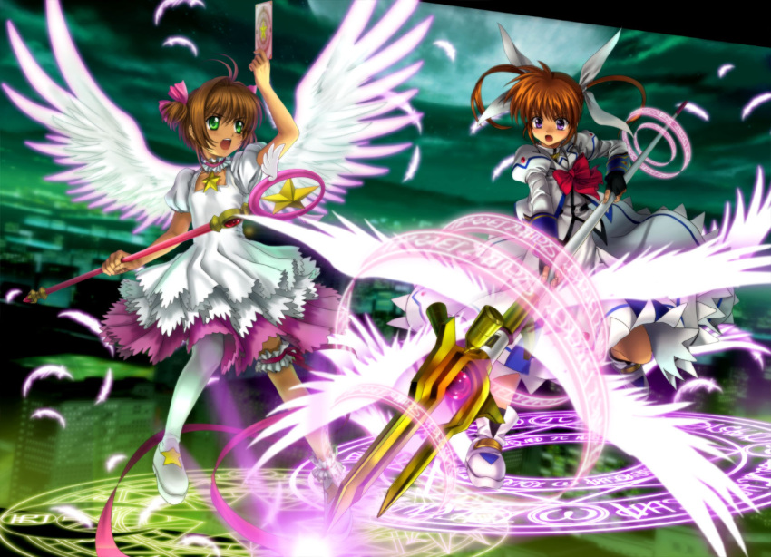 bow brown_hair card_captor_sakura cardcaptor_sakura crossover dress garters green_eyes highres hoshi_no_tsue kinomoto_sakura magical_battle_arena magical_girl mahou_shoujo_lyrical_nanoha mahou_shoujo_lyrical_nanoha_a's mahou_shoujo_lyrical_nanoha_a's moonknives mutsuki_(moonknives) night purple_eyes raising_heart staff takamachi_nanoha thighhighs twintails violet_eyes wings