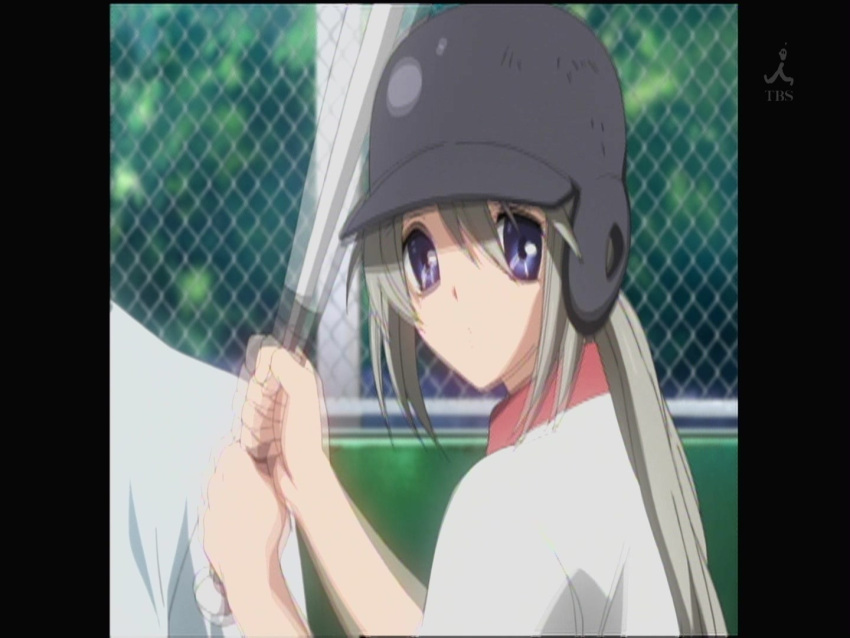 baseball baseball_bat cap clannad ponytail sakagami_tomoyo silver_hair