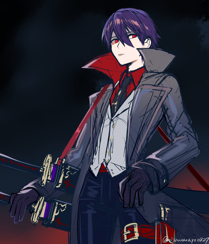 1boy absurdres belt black_gloves black_necktie black_pants closed_mouth collared_shirt gloves grey_jacket grey_vest hair_between_eyes hand_on_hilt highres jacket katana kenmochi_touya long_sleeves male_focus necktie nijisanji ninahachi open_clothes open_jacket pants purple_hair red_belt red_eyes red_shirt sheath sheathed shirt sketch sleeves_past_wrists solo sword thigh_belt thigh_strap tongue tongue_out twitter_username vest virtual_youtuber weapon