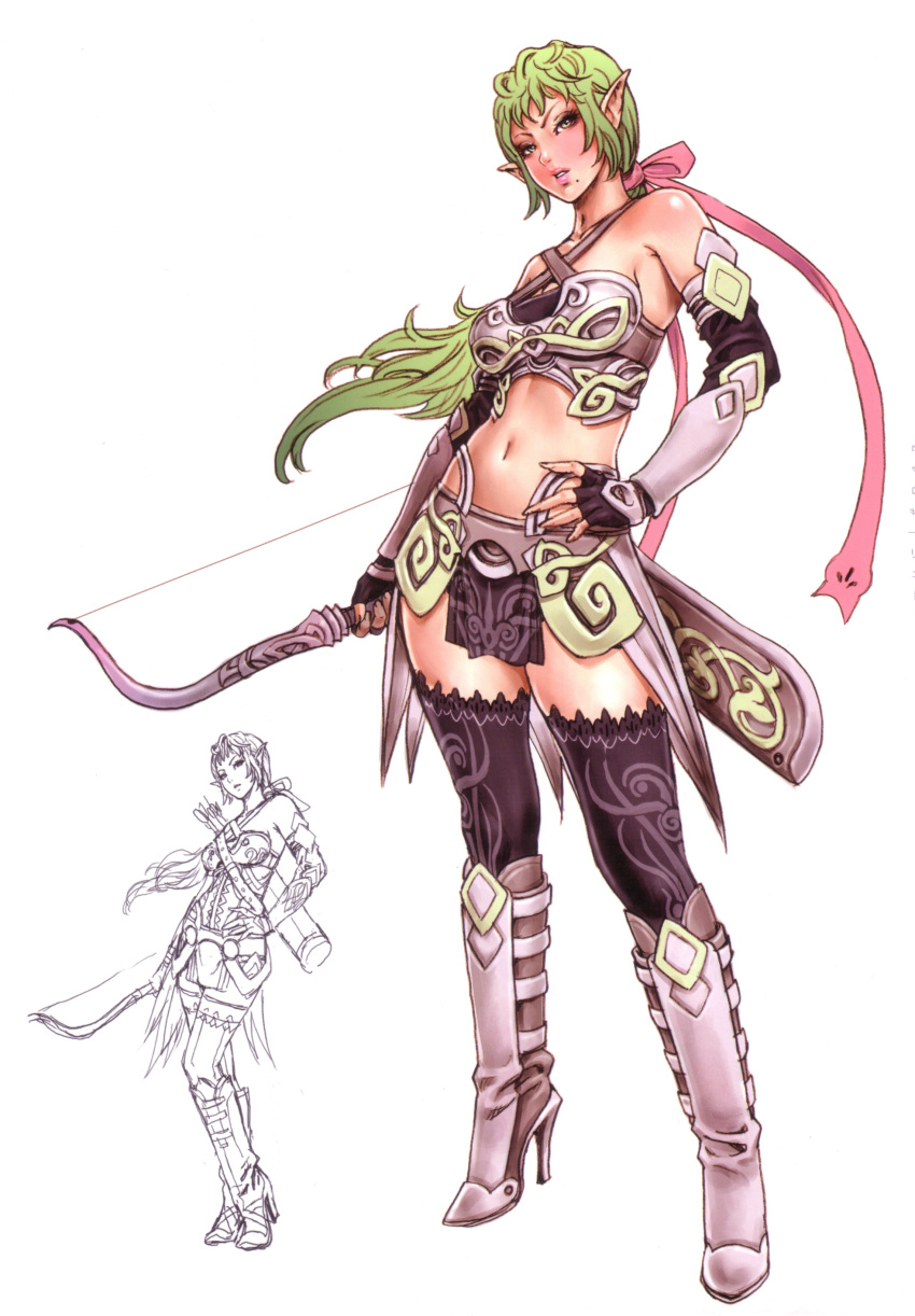 1girl armor bare_shoulders bikini_armor boots bow_(weapon) elf female fingerless_gloves full_body gloves green_eyes green_hair hair_ribbon hand_on_hip high_heel_boots high_heels highres holding holding_bow_(weapon) holding_weapon lips long_hair midriff mole mole_under_mouth navel parted_lips patterned_legwear pink_ribbon pointy_ears ponytail quiver ribbon shoes simple_background standing thigh-highs thighhighs thighhighs_under_boots tied_hair weapon white_background wild_flower yamashita_shun'ya yamashita_shunya