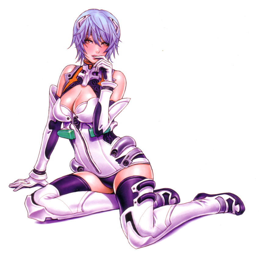 1girl adapted_costume arm_support ayanami_rei breasts cleavage elbow_gloves female finger_to_mouth full_body gloves highres neon_genesis_evangelion parted_lips purple_hair red_eyes short_hair simple_background solo thighhighs white_background wild_flower yamashita_shun'ya yamashita_shunya
