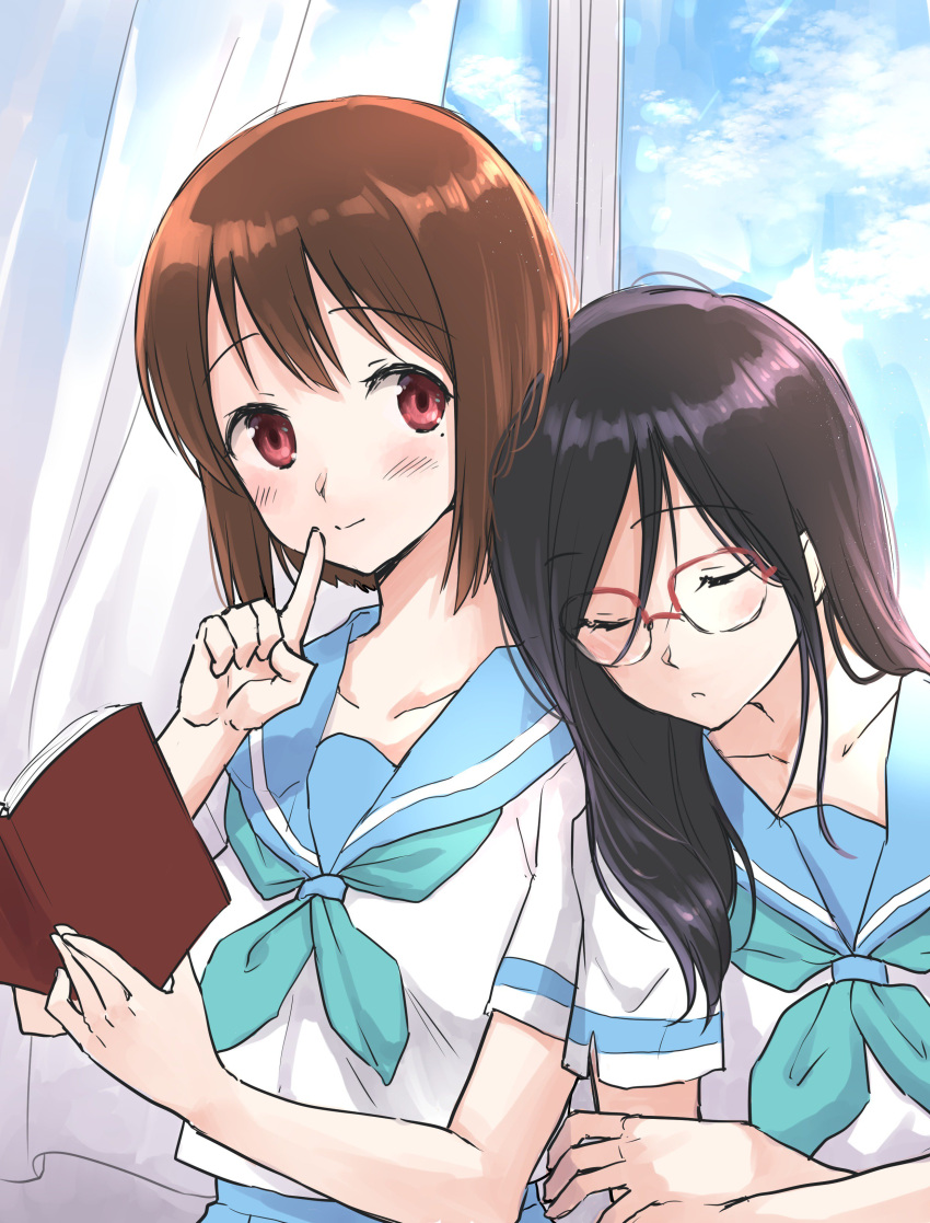 2girls absurdres black_hair blue_neckwear blue_sailor_collar blue_skirt blue_sky blush book brown_eyes closed_eyes closed_mouth commentary_request curtains day eyebrows_visible_through_hair finger_to_mouth fukuroumori hibike!_euphonium highres holding holding_book indoors looking_at_viewer mole mole_under_eye multiple_girls neckerchief over-rim_eyewear parted_lips red-framed_eyewear red_eyes sailor_collar school_uniform semi-rimless_eyewear serafuku shirt short_sleeves shushing skirt sky sleeping smile white_shirt window