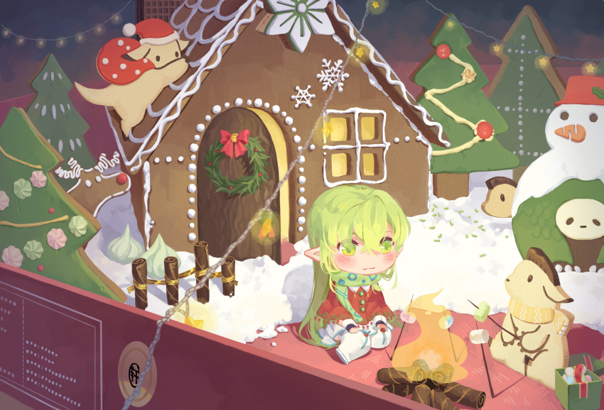 1girl box chibi christmas christmas_tree christmas_wreath cookie dog elsword eyes_visible_through_hair fire food gift gift_box gingerbread_cookie gingerbread_house green_eyes green_scarf hair_between_eyes highres icing in_box in_container light_green_hair looking_to_the_side marshmallow pointy_ears poncho powdered_sugar print_scarf rabbit reindeer rena_(elsword) rope scarf shadow shakan_(pixiv28220363) sitting snowman solo wariza white_legwear wrist_cuffs