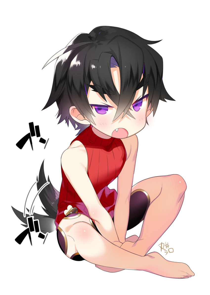 1boy akemaru bangs black_hair blush crossed_ankles eyebrows eyebrows_visible_through_hair fang forked_eyebrows full_body hair_between_eyes highres looking_at_viewer male_focus open_mouth original ribbed_sweater sitting solo sweater tail tsurime turtleneck violet_eyes