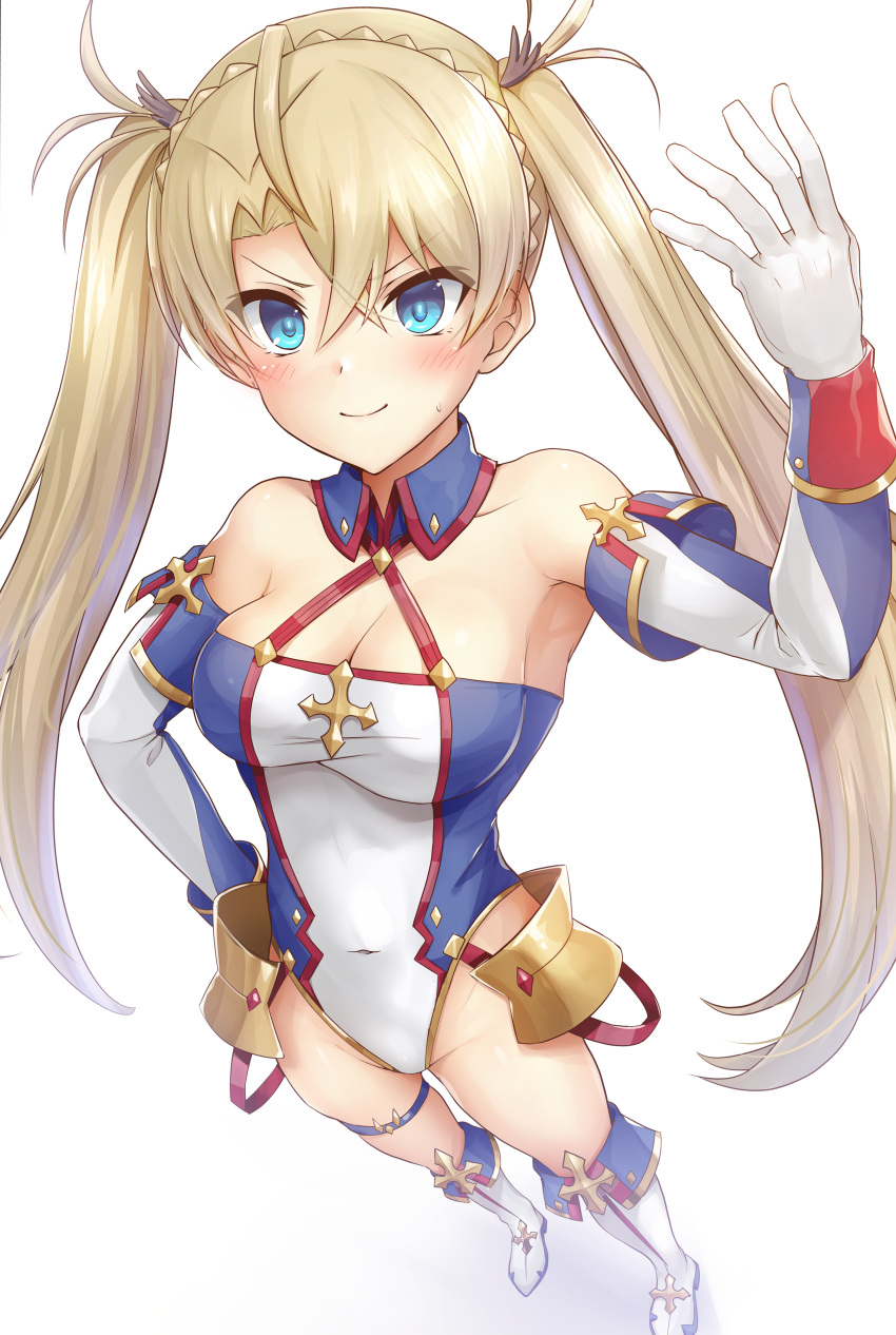 1girl absurdres bangs bare_shoulders blonde_hair blue_eyes blush boots bradamante_(fate/grand_order) braid breasts cleavage closed_mouth covered_navel elbow_gloves fate/grand_order fate_(series) faulds french_braid gloves hair_between_eyes hand_up highleg highleg_leotard highres hips knee_boots leotard long_hair looking_at_viewer medium_breasts samoore simple_background smile solo thigh_strap thighs twintails white_background white_footwear white_gloves