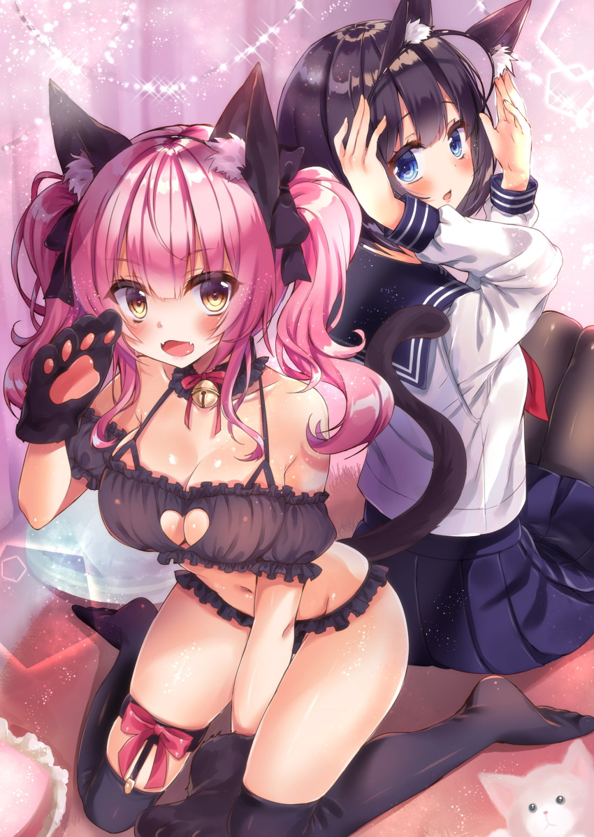 2girls :d animal_ears arms_up bangs bare_shoulders bell between_legs black_bra black_legwear black_panties black_sleeves blue_eyes blue_sailor_collar blue_skirt blush bra brown_eyes brown_hair cat_cutout cat_ears cat_girl cat_lingerie cat_tail cleavage_cutout collarbone commentary_request detached_sleeves eyebrows_visible_through_hair fake_animal_ears fangs fingernails frilled frilled_bra frills gloves hair_between_eyes hand_between_legs hand_up heart heart-shaped_pupils highres honoka_chiffon jingle_bell lingerie long_hair looking_at_viewer looking_back meme_attire multiple_girls navel open_mouth original panties paw_gloves paws pink_hair pleated_skirt puffy_short_sleeves puffy_sleeves red_neckwear sailor_collar school_uniform serafuku shirt short_sleeves sidelocks sitting skirt smile symbol-shaped_pupils tail tail_raised thigh-highs twintails underwear wariza white_shirt